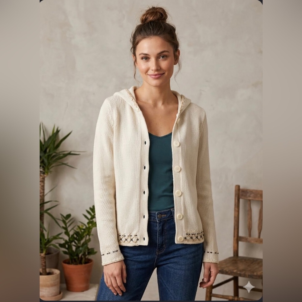 Vintage Twik Cream Cardigan Sweater with Decorative Trim